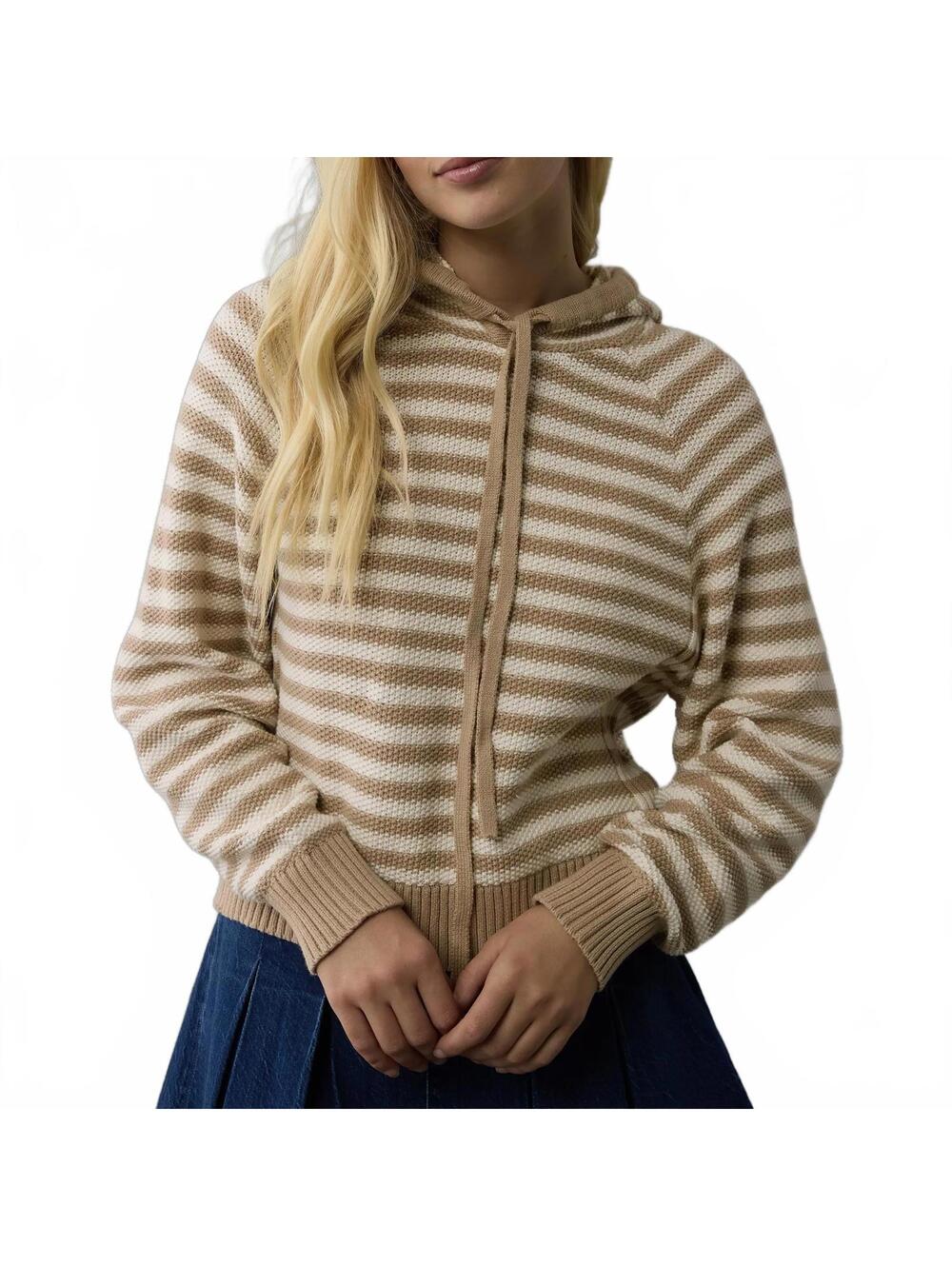 AE 100% Cotton Cropped Cotton Hoodie American Eagle Cream Tan Stripe NWT Small